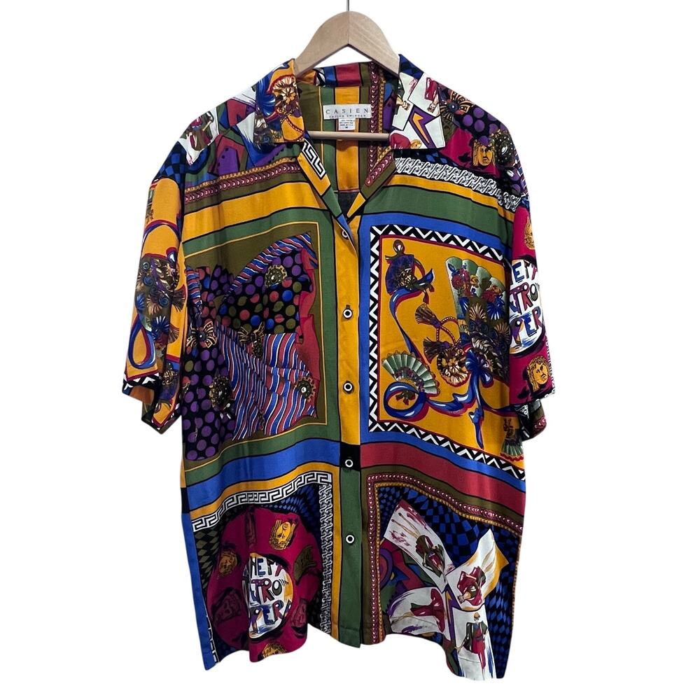 Vintage 80s Casien Swinger Artzy Greek Print Pop Barouqe Button Up Top Size M